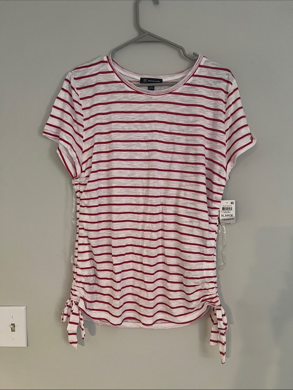INC International Concepts White Tee with Red Stripes and Side Ties